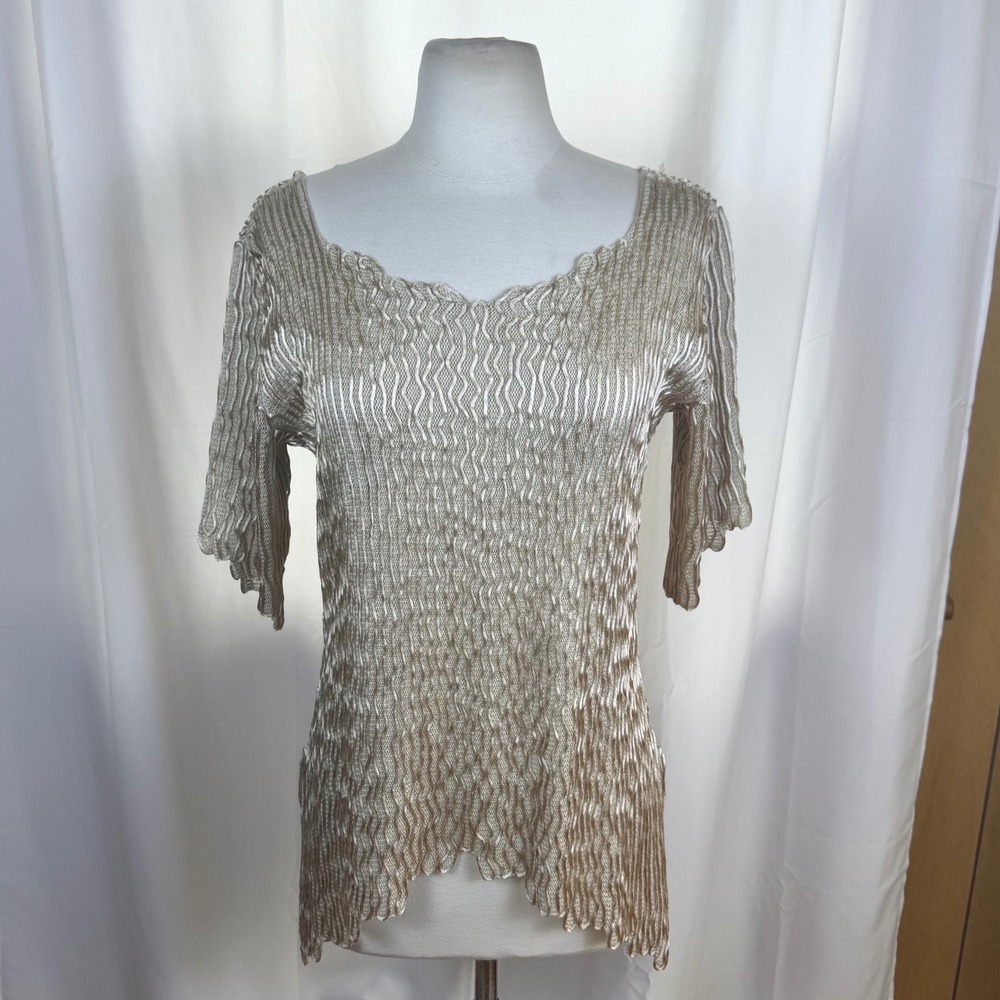 Pepa Pombo Gold Textured Asymmetric Blouse Womens Medium Luxury Regal Glam